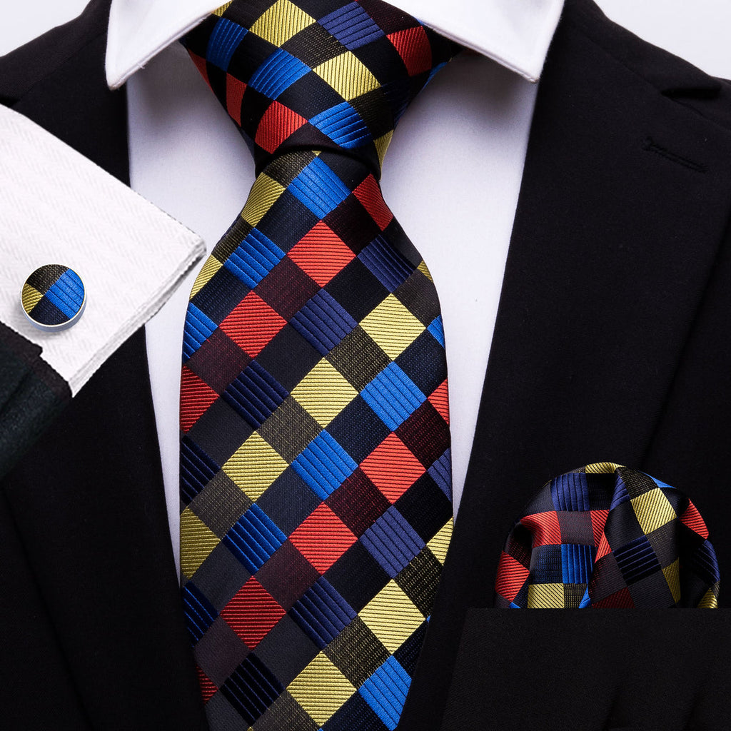 Red Yellow Blue Plaid Silk Tie Set - GentCrest