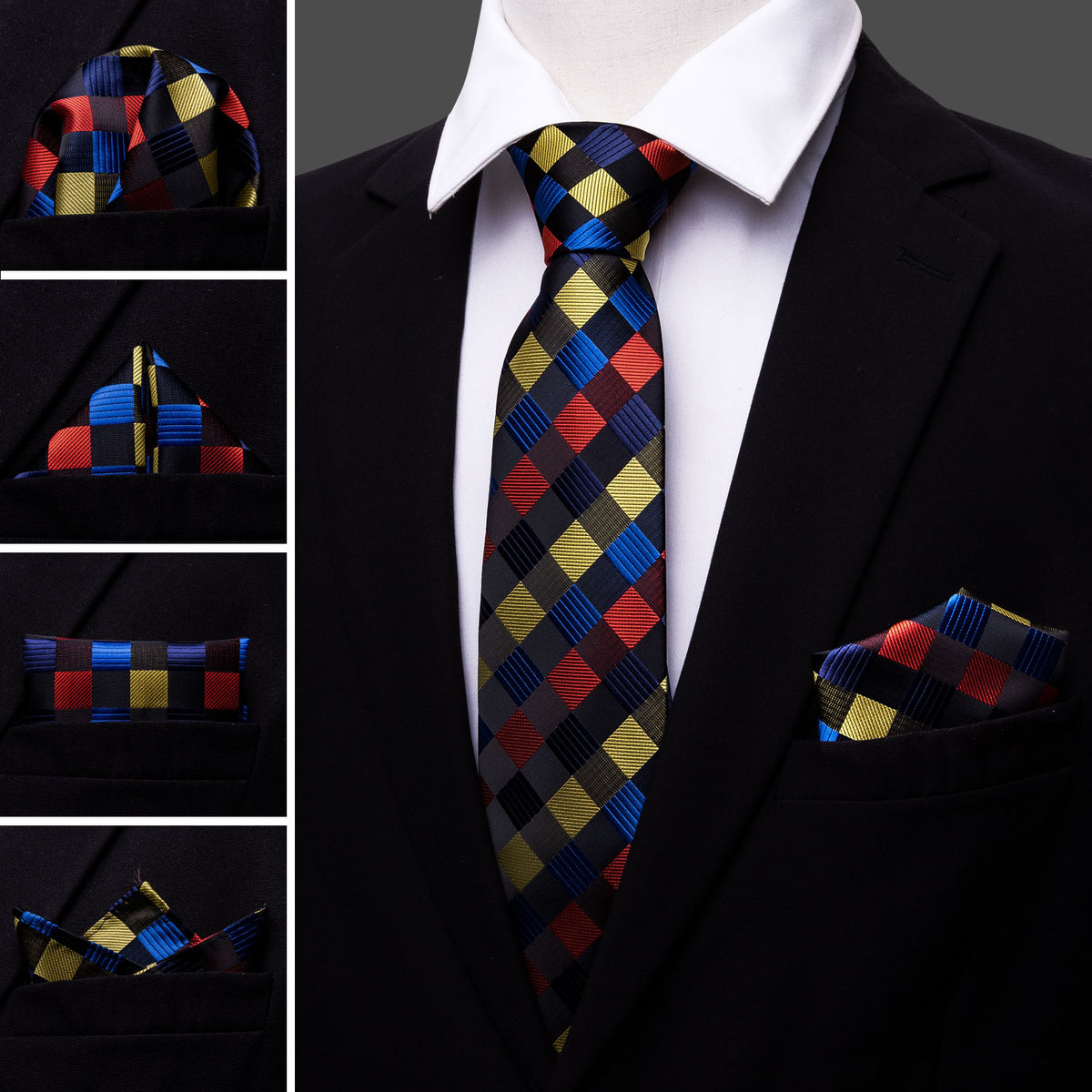 Red Yellow Blue Plaid Silk Tie Set - GentCrest - View 2