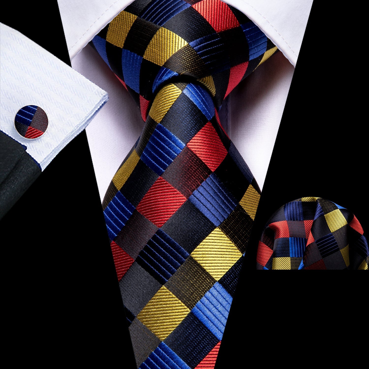 GentCrest Black Plaid Tie Hanky Cufflinks Set - Image 1