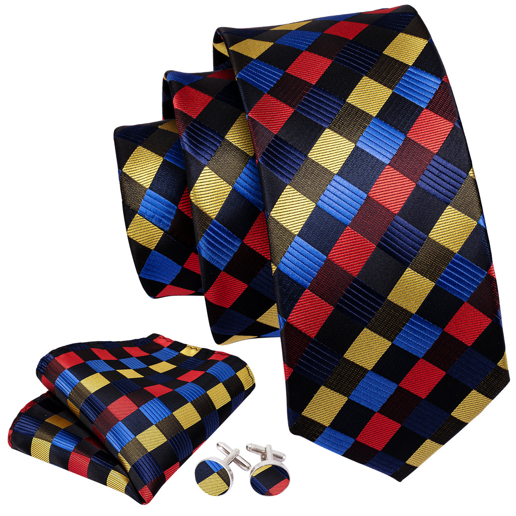 Red Yellow Blue Plaid Silk Tie Set - GentCrest - View 5