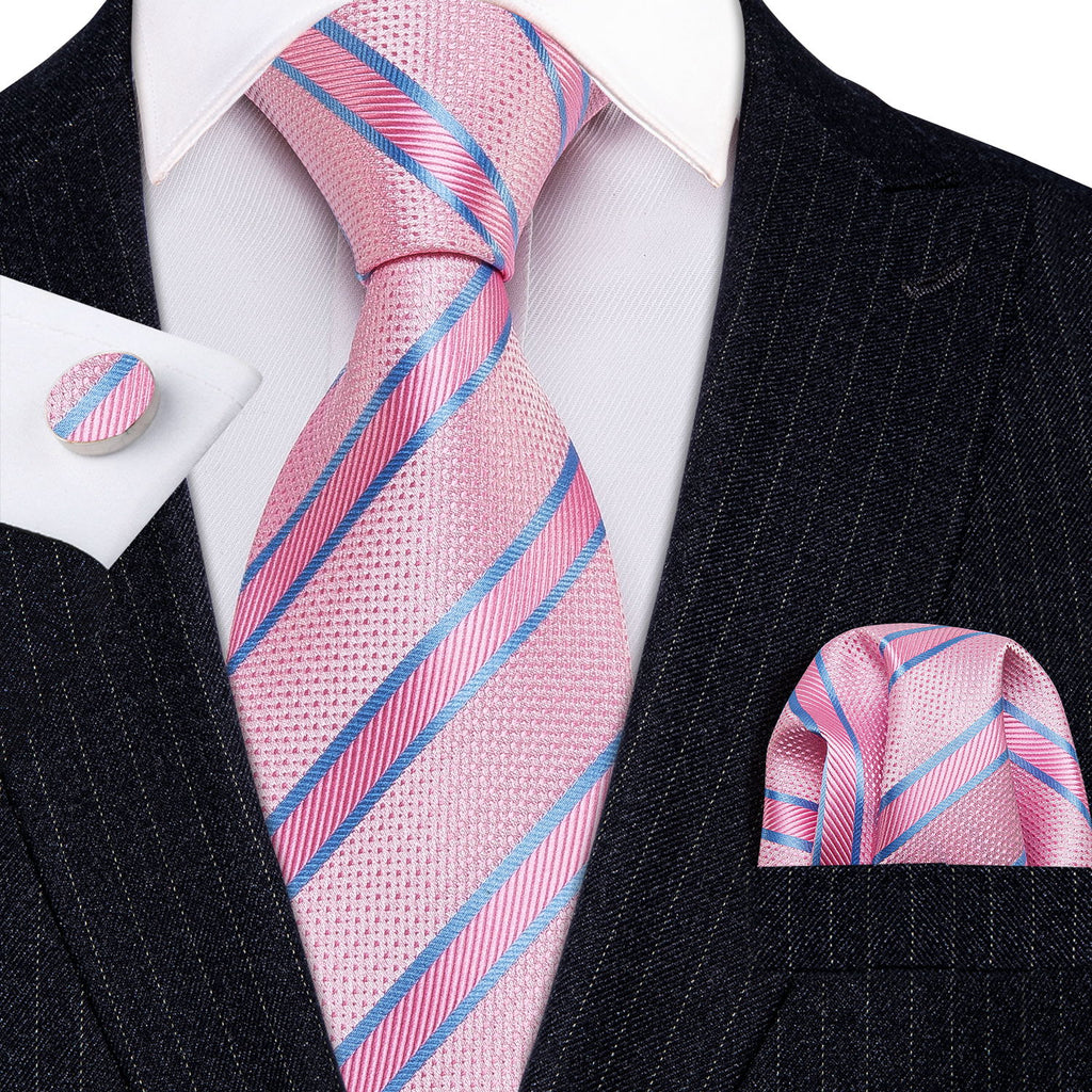 Pink Solid Blue Striped Silk Tie Set - GentCrest - View 2