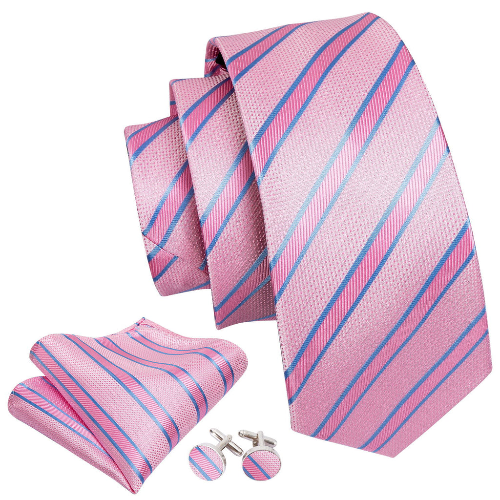 Pink Solid Blue Striped Silk Tie Set - GentCrest - View 4
