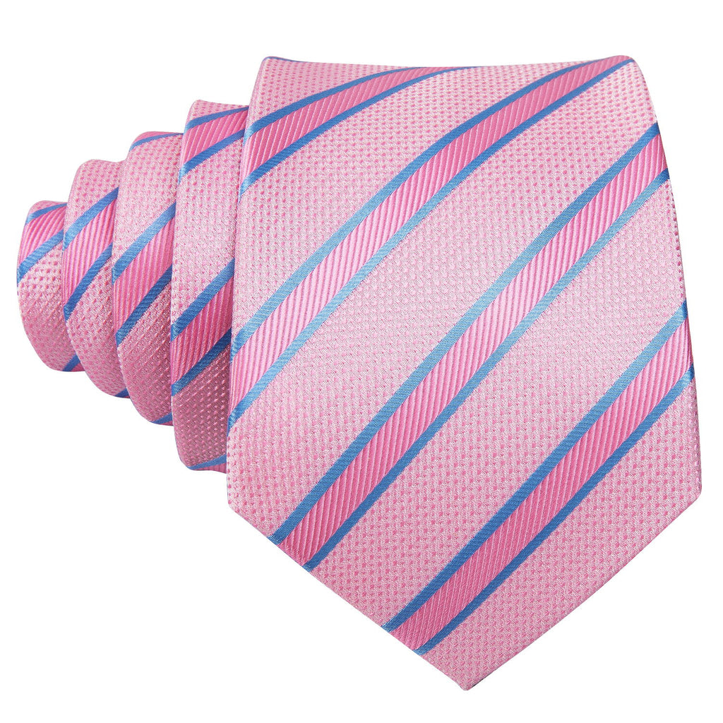 Pink Solid Blue Striped Silk Tie Set - GentCrest - View 3