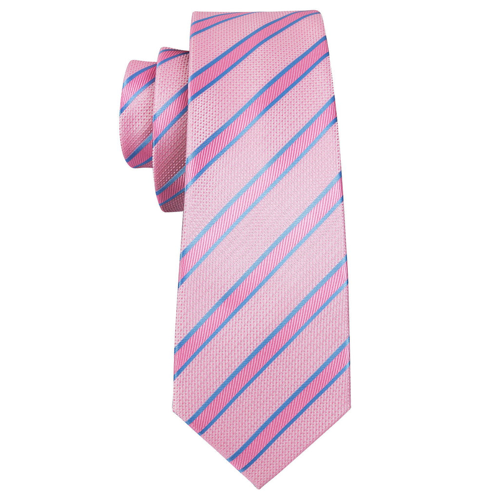 Pink Solid Blue Striped Silk Tie Set - GentCrest - View 5