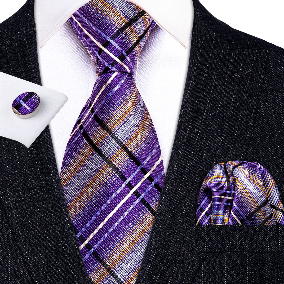 Purple Beige Striped Silk Tie Set - GentCrest - View 2