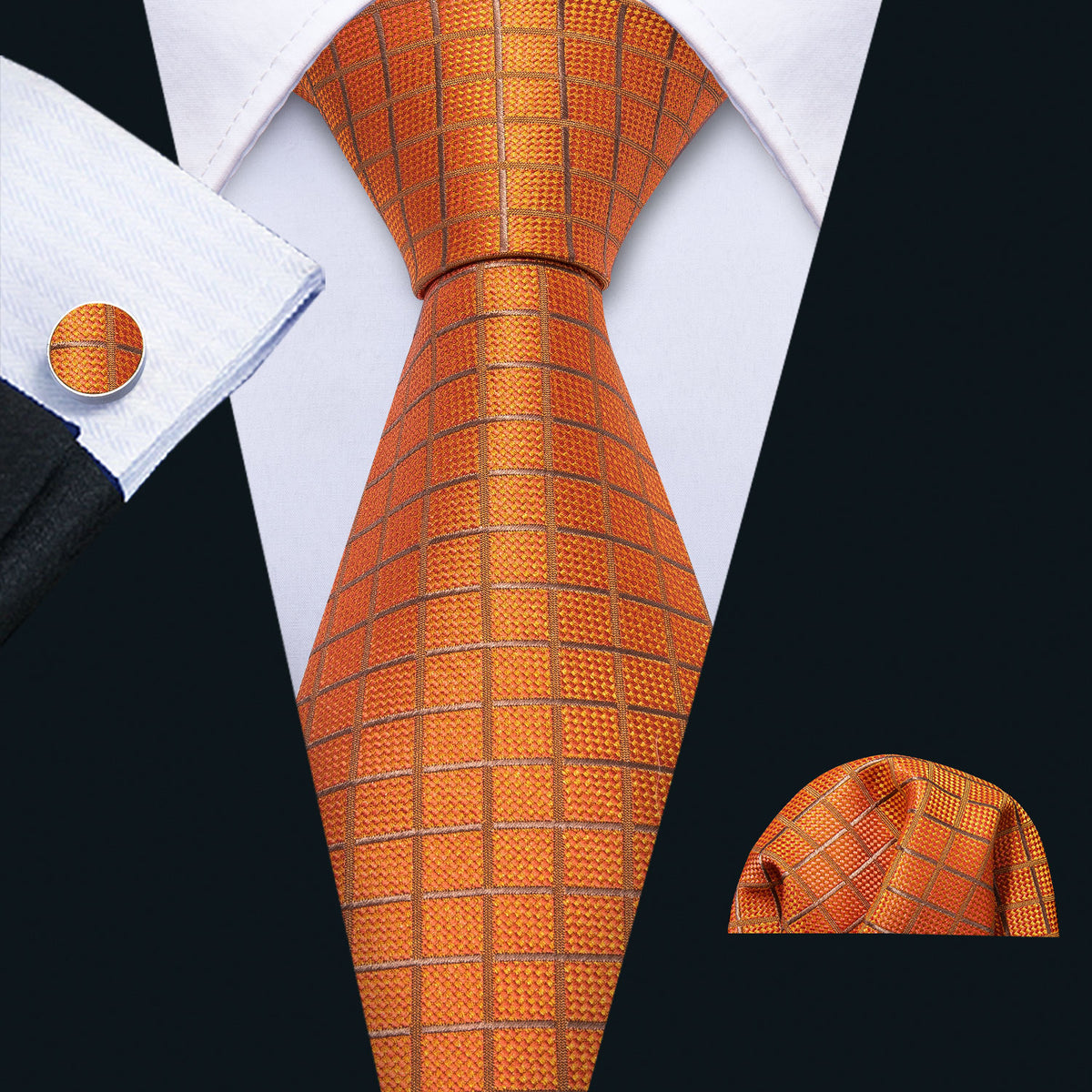 Orange Plaid Silk Tie Set - GentCrest