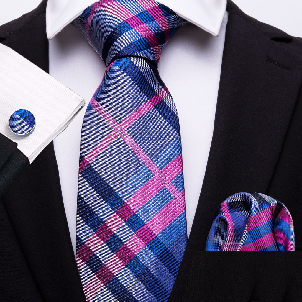 Red Blue Stripe Silk Tie Set - GentCrest - View 2