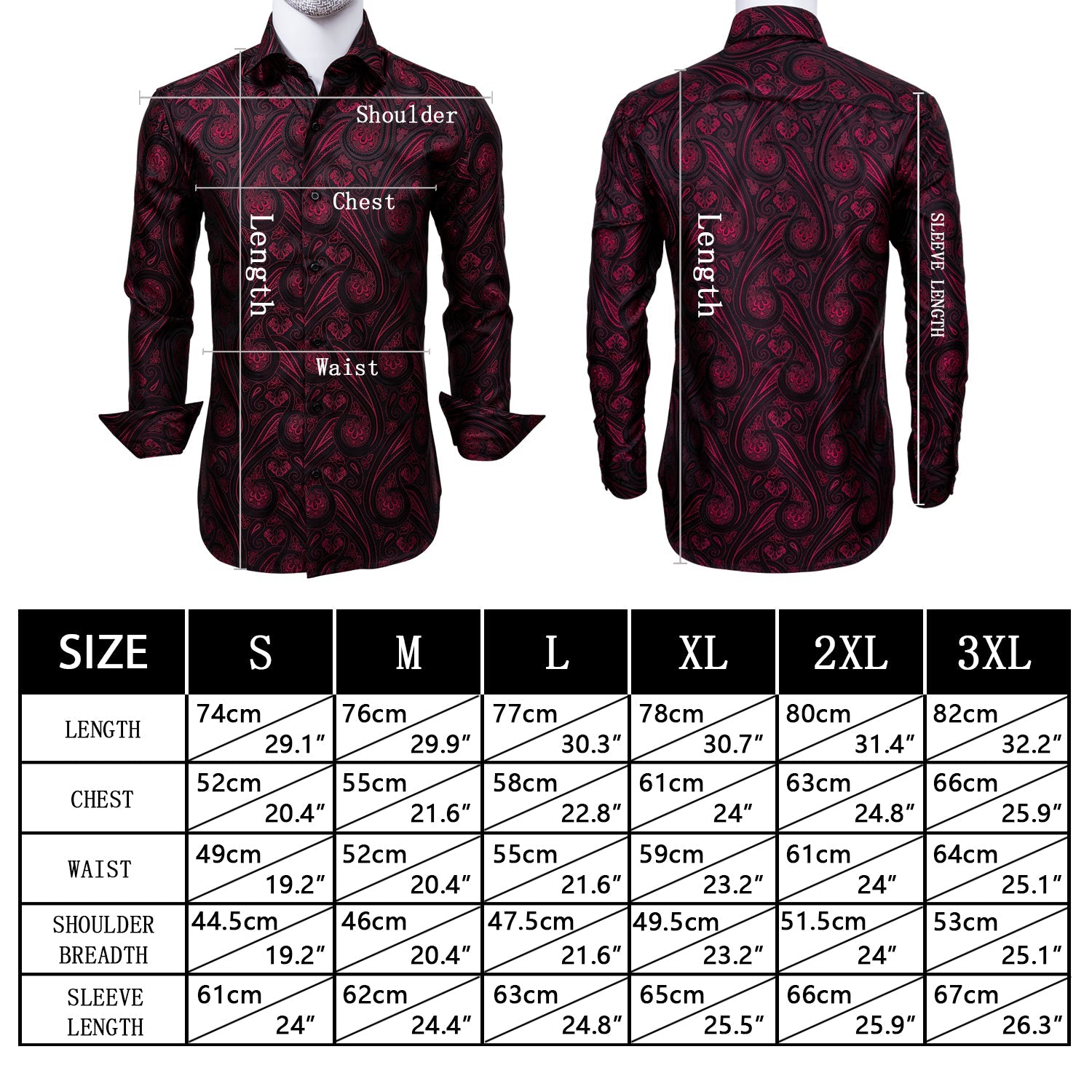 GentCrest Black Shirt Burgundy Red Paisley Dress Shirt For Men Fashionable Casual