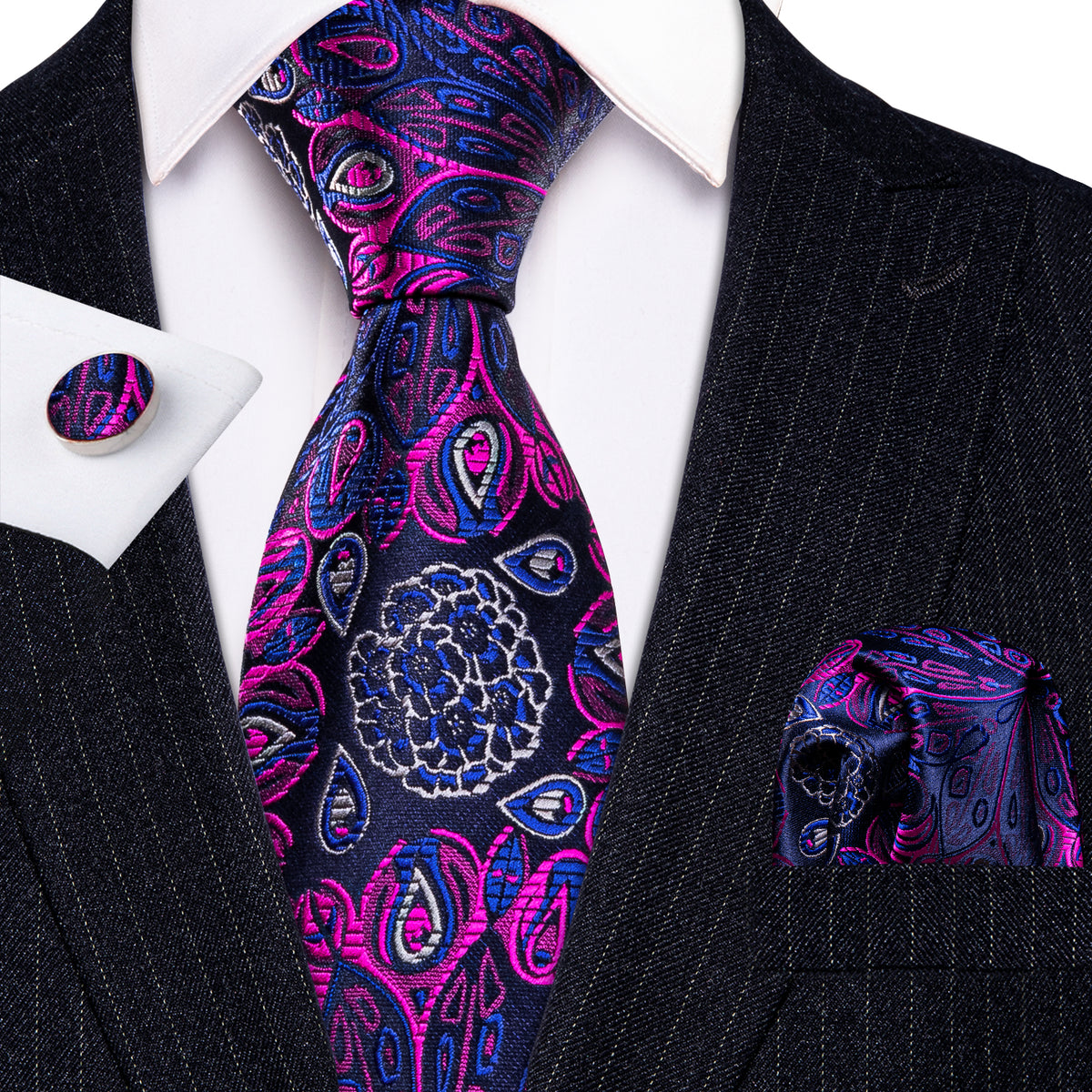 Blue Pink Paisley Silk Tie Set - GentCrest