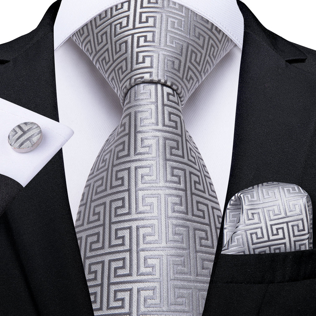 Silver Silk Tie Set with Pocket Square & Cufflinks - GentCrest