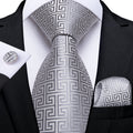 Silver Silk Tie Set with Pocket Square & Cufflinks - GentCrest