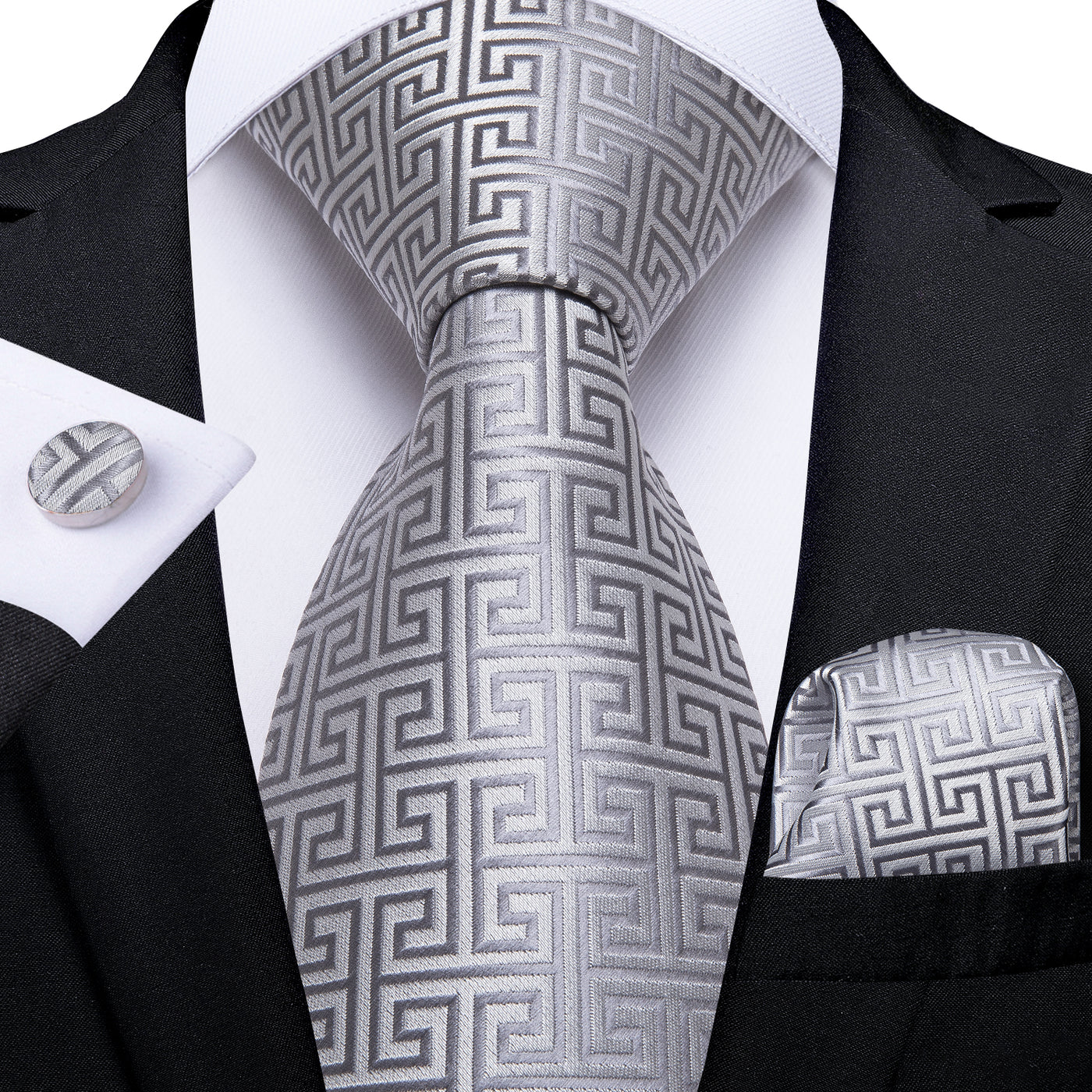 Silver Silk Tie Set with Pocket Square & Cufflinks - GentCrest
