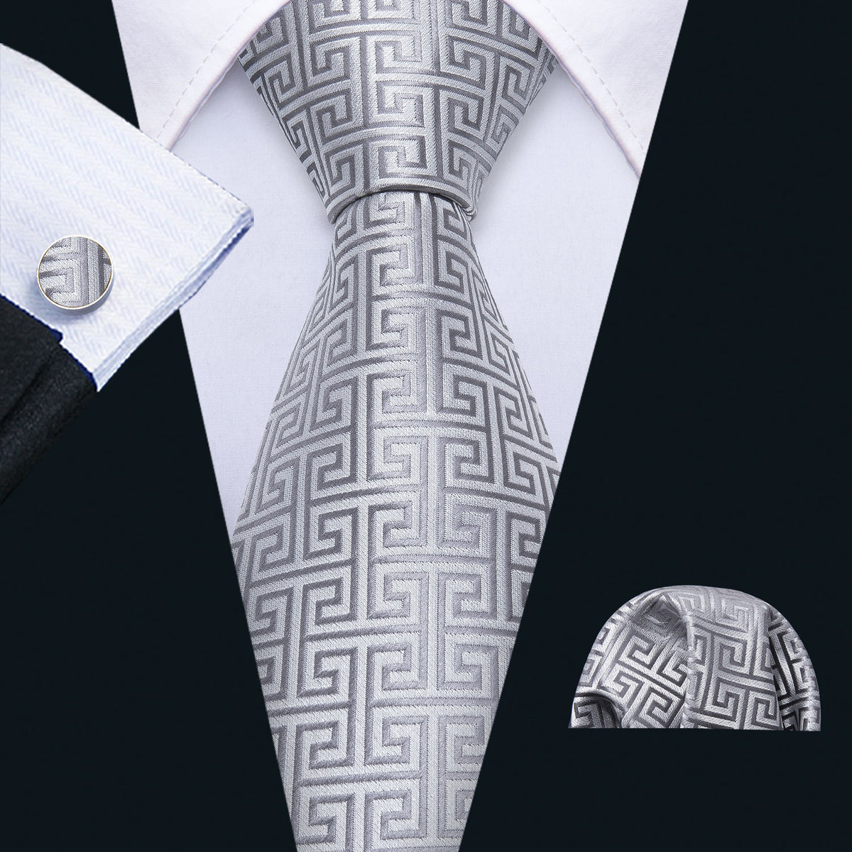 Silver Plaid Silk Tie Set - GentCrest