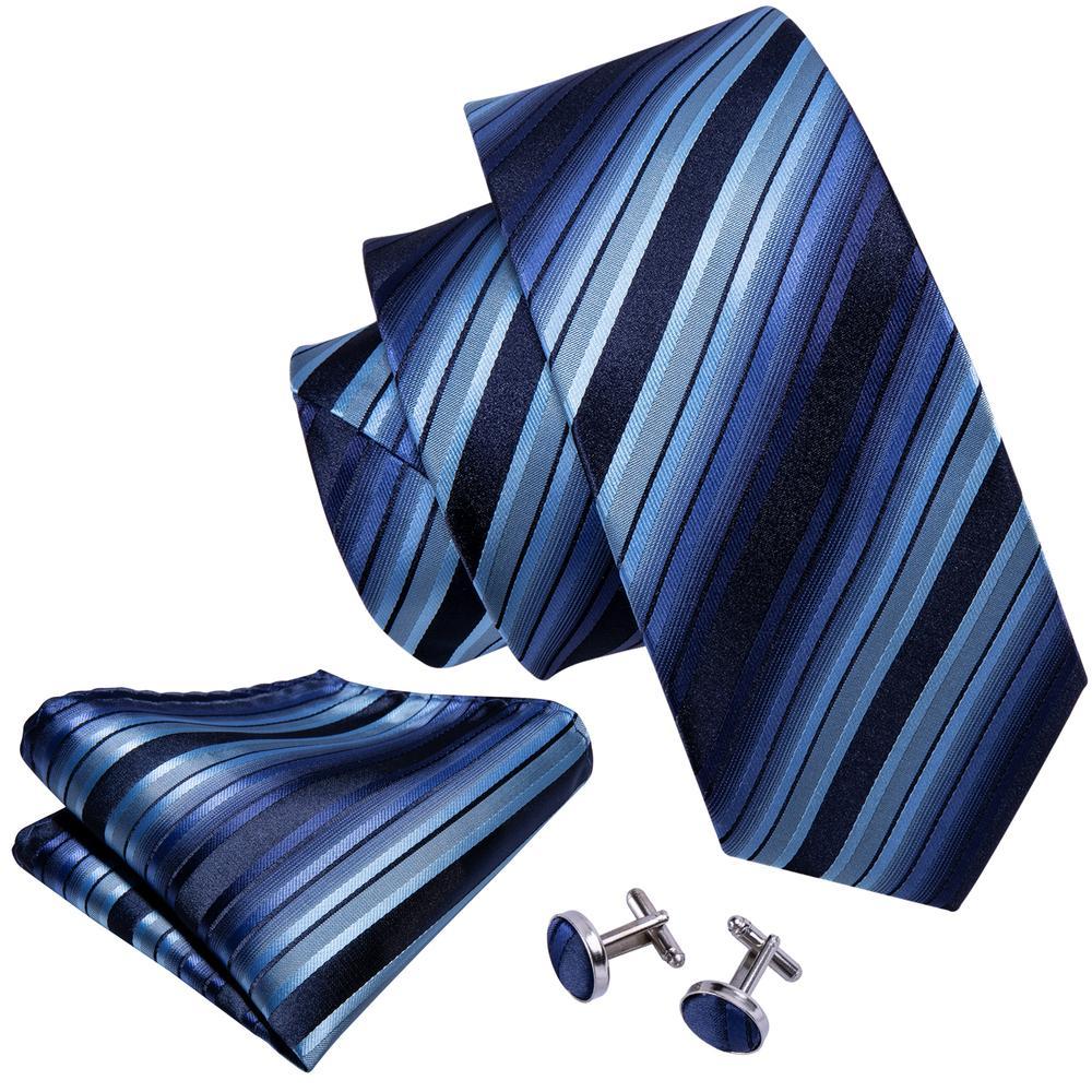 Blue Black Striped Silk Tie Set - GentCrest - View 3