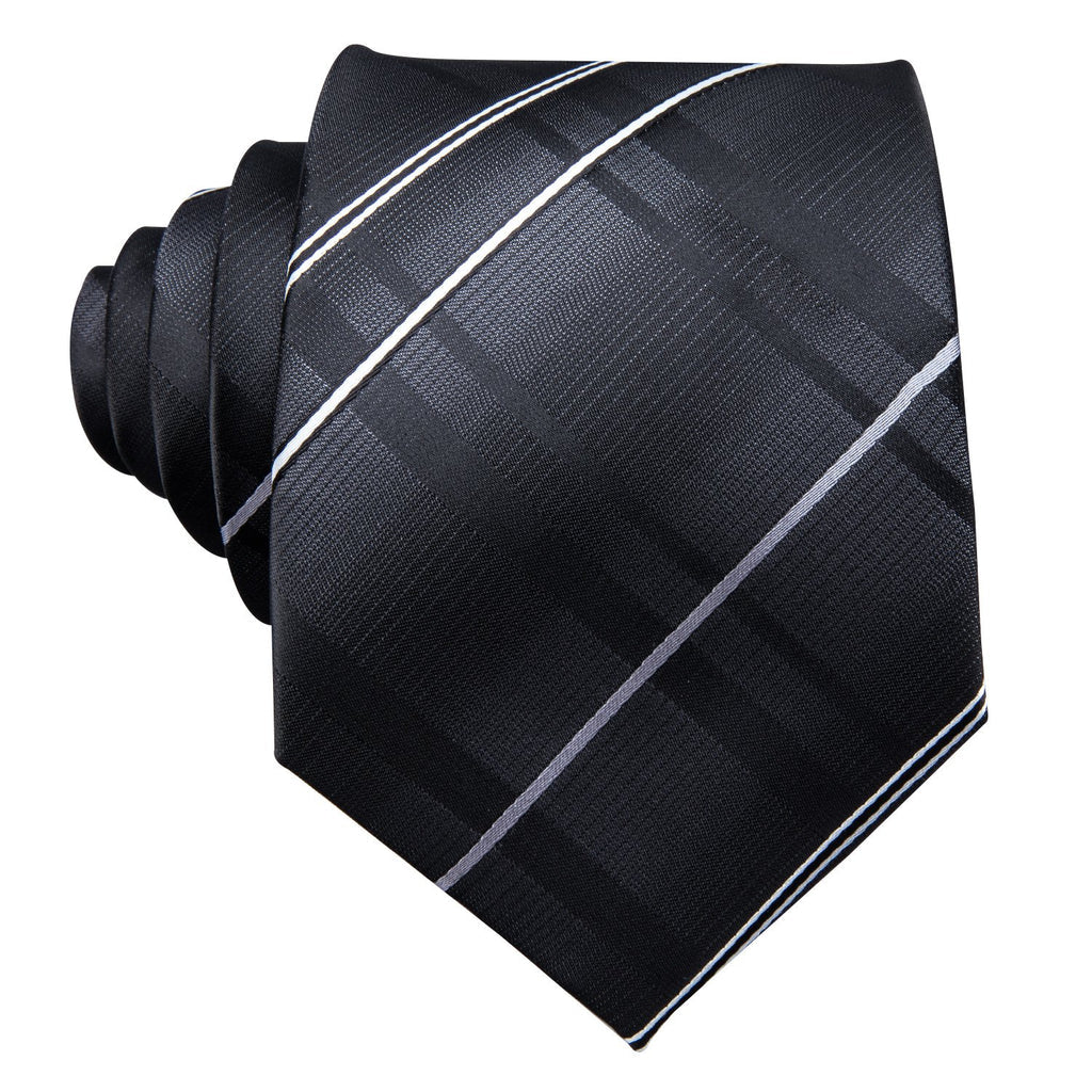Black Silver Gray Striped Silk Tie Set - GentCrest - View 4