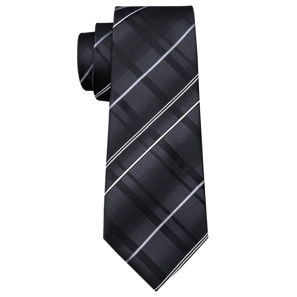 Black Silver Gray Striped Silk Tie Set - GentCrest - View 5