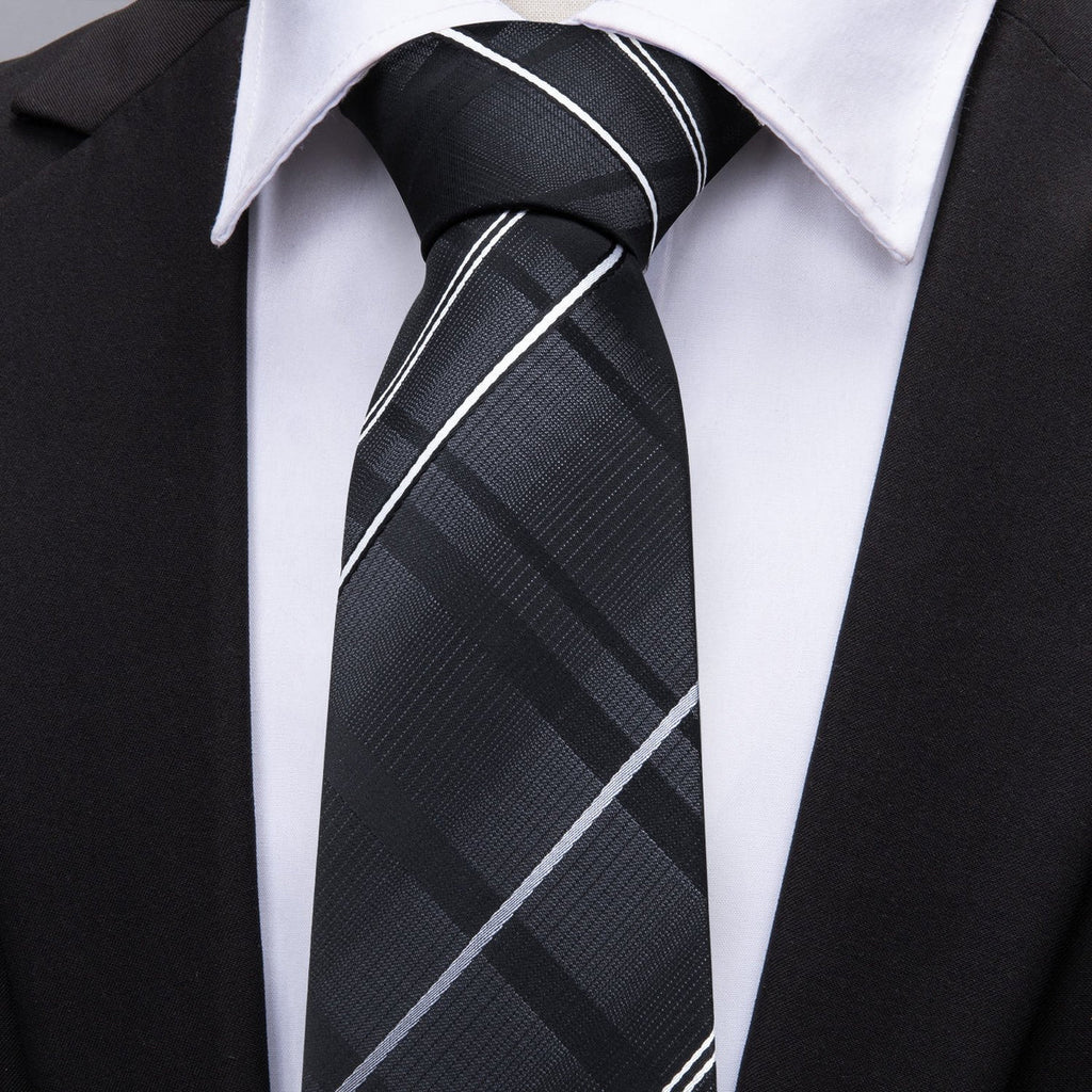 Black Silver Gray Striped Silk Tie Set - GentCrest - View 2
