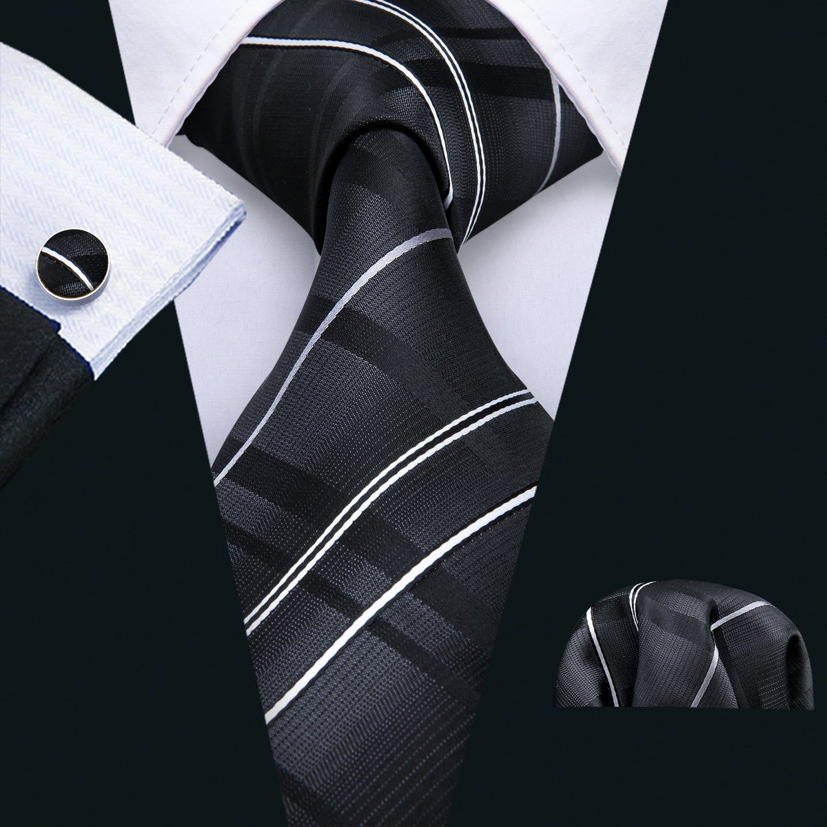 Black Silver Gray Striped Silk Tie Set - GentCrest