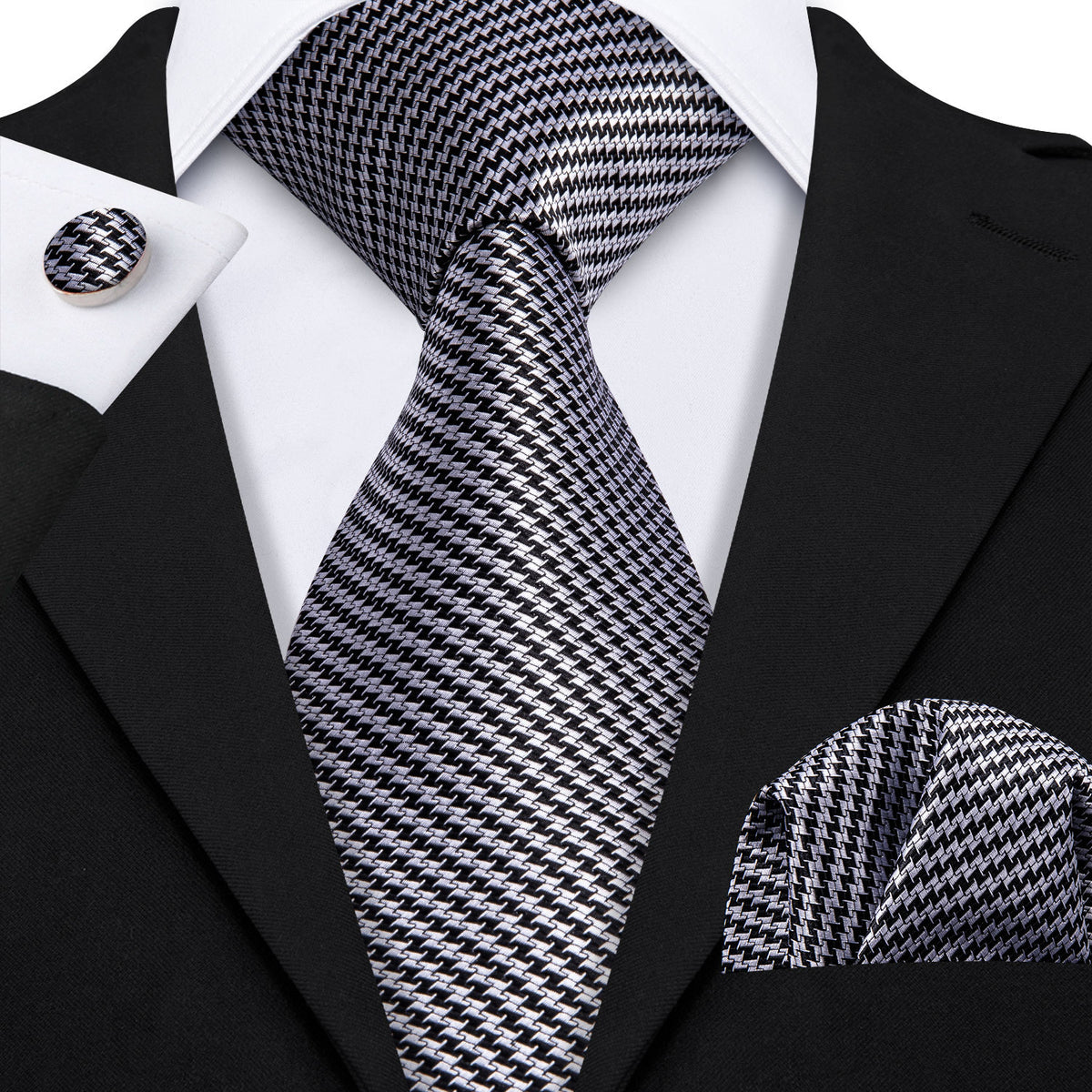 Timeless Houndstooth Silk with Pocket Square and Cufflinks Silk Tie Set - GentCrest
