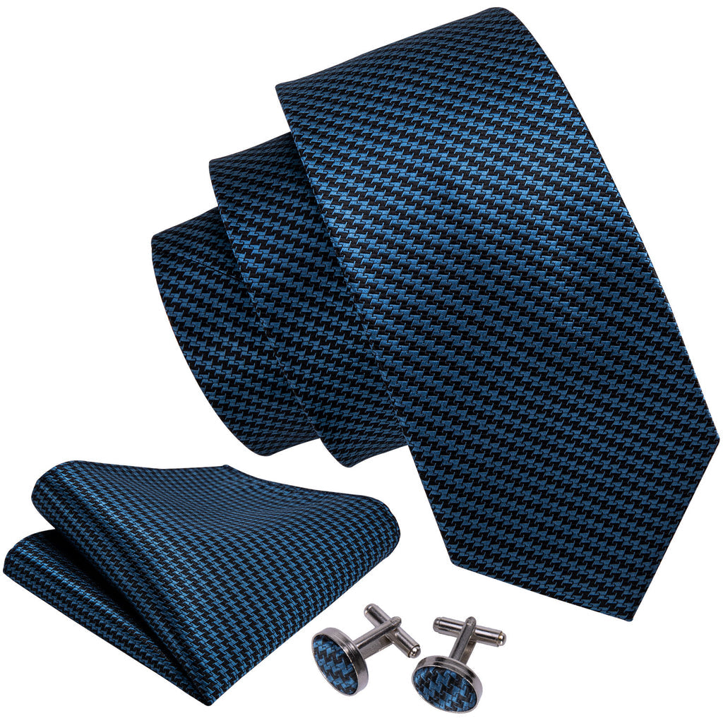 Navy Blue Houndstooth Silk Tie Set - GentCrest - View 3