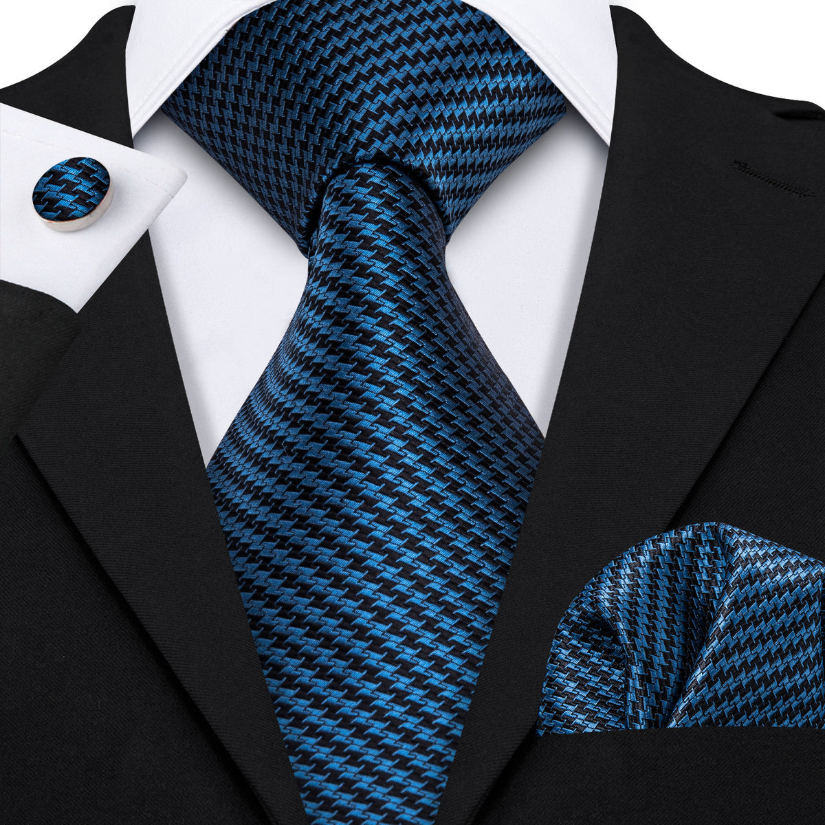 Navy Blue Houndstooth Silk Tie Set - GentCrest
