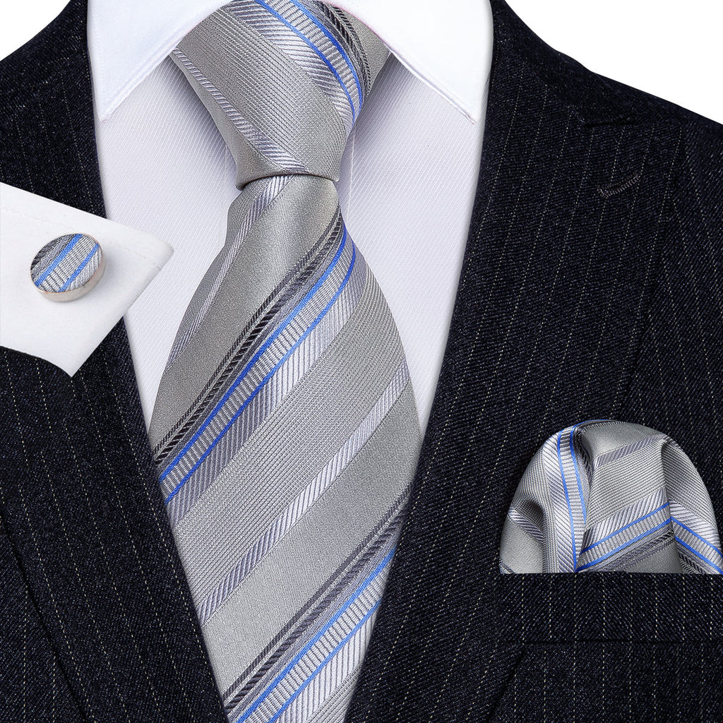 Light Gray Silver Stripe Fabric Silk Tie Set - GentCrest - View 2
