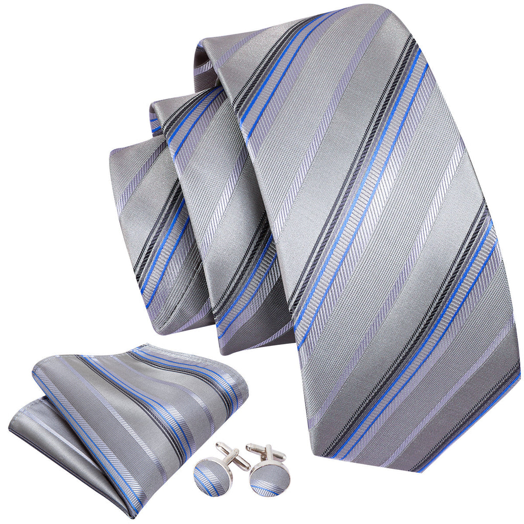 Light Gray Silver Stripe Fabric Silk Tie Set - GentCrest - View 4