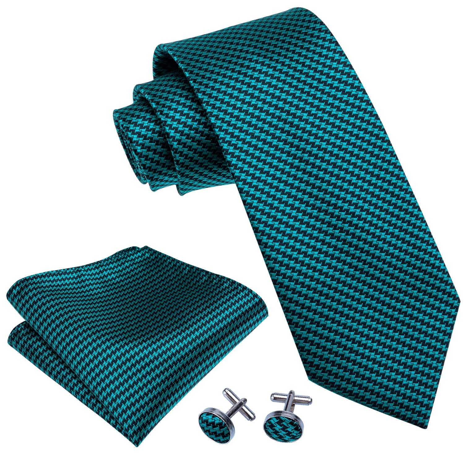 GentCrest Green Houndstooth Tie Hanky Cufflinks Set - Image 7