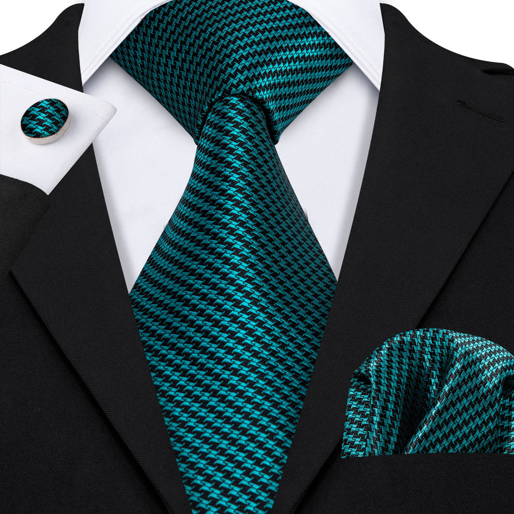Turquoise Houndstooth Silk Tie Set - GentCrest