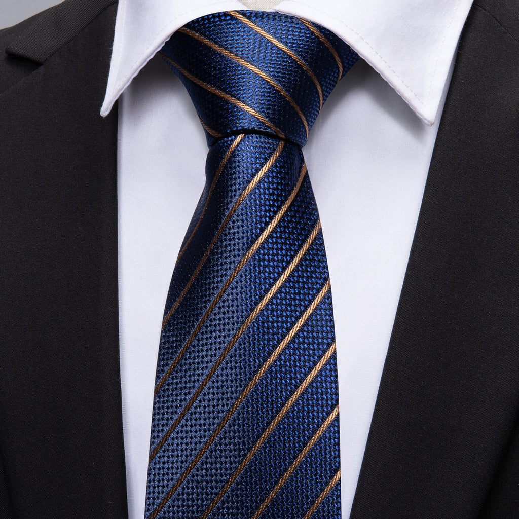 Regal Deep Blue & Gold Striped Silk with Pocket Square and Cufflinks Silk Tie Set - GentCrest - View 3