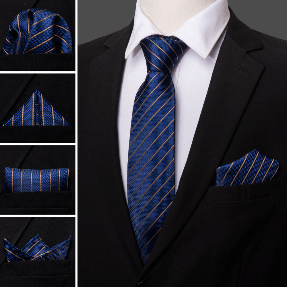 Regal Deep Blue & Gold Striped Silk with Pocket Square and Cufflinks Silk Tie Set - GentCrest - View 2