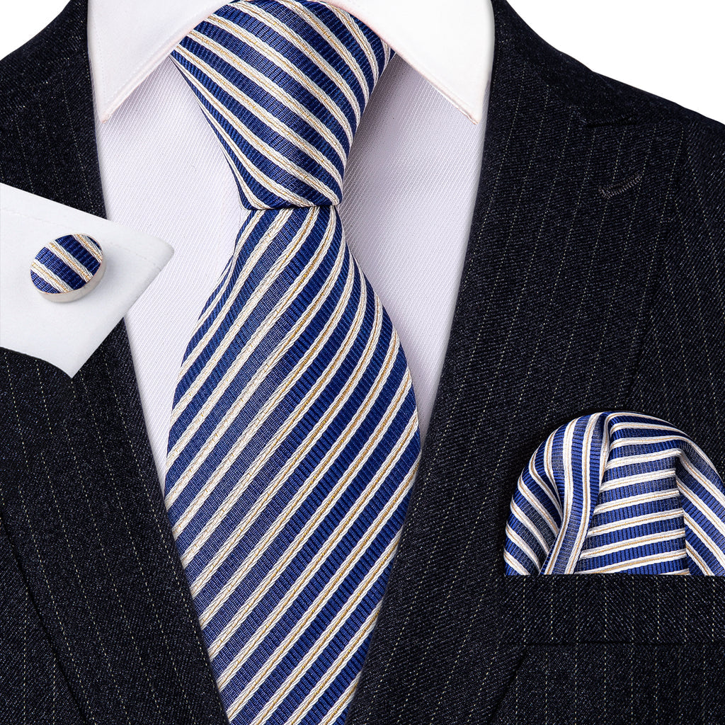 Blue Narrow Striped Silk Tie Set - GentCrest - View 3
