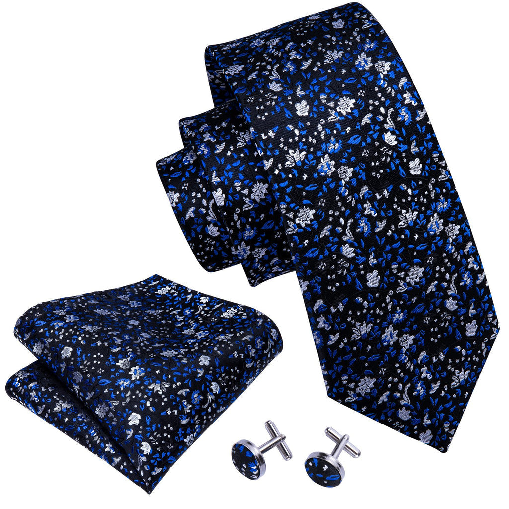 Navy Blue Floral Silk Tie Set - GentCrest - View 3