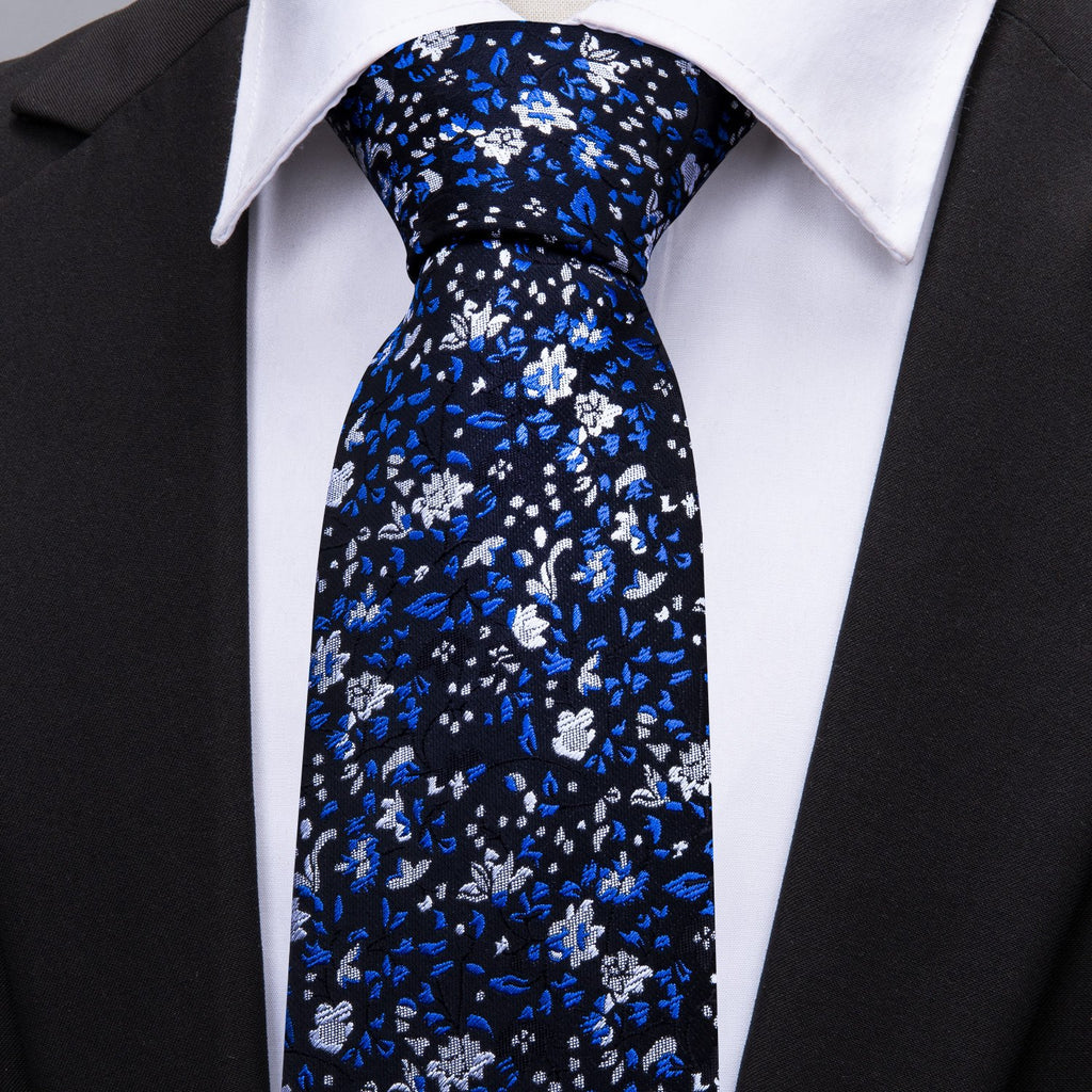 Navy Blue Floral Silk Tie Set - GentCrest - View 2