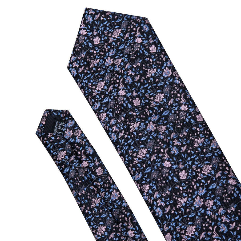 Black Pink Floral Silk Tie Set - GentCrest - View 6