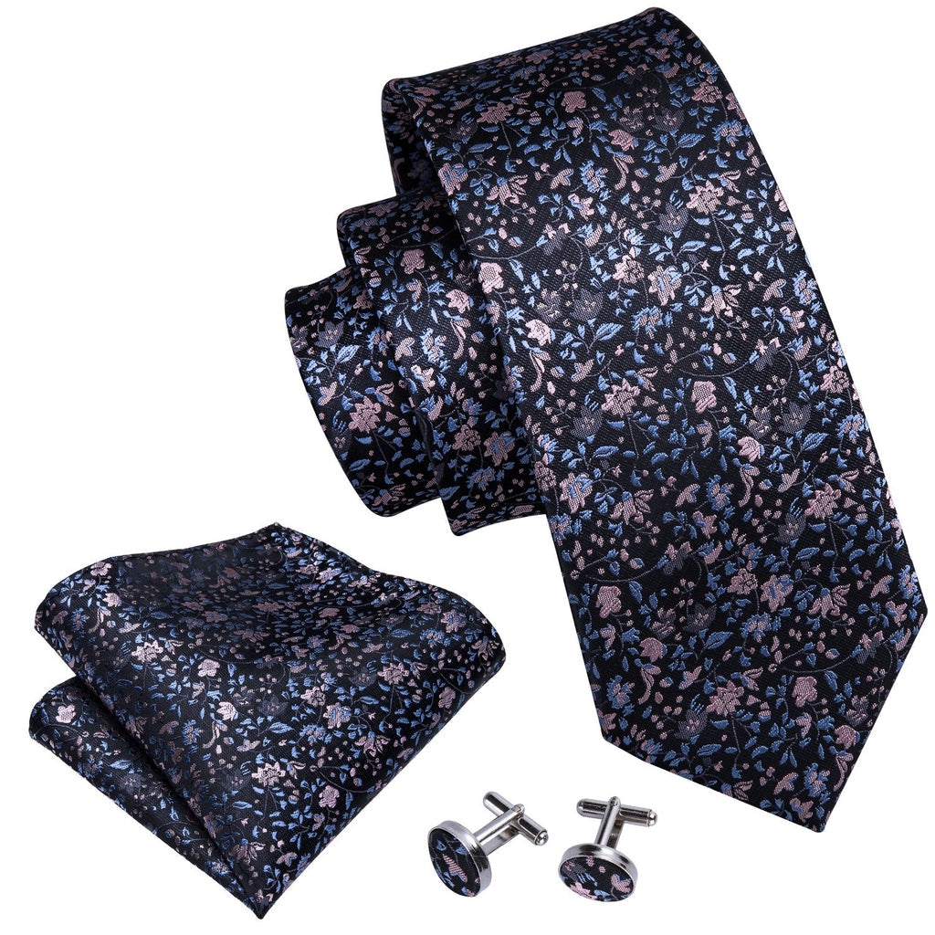 Black Pink Floral Silk Tie Set - GentCrest - View 3