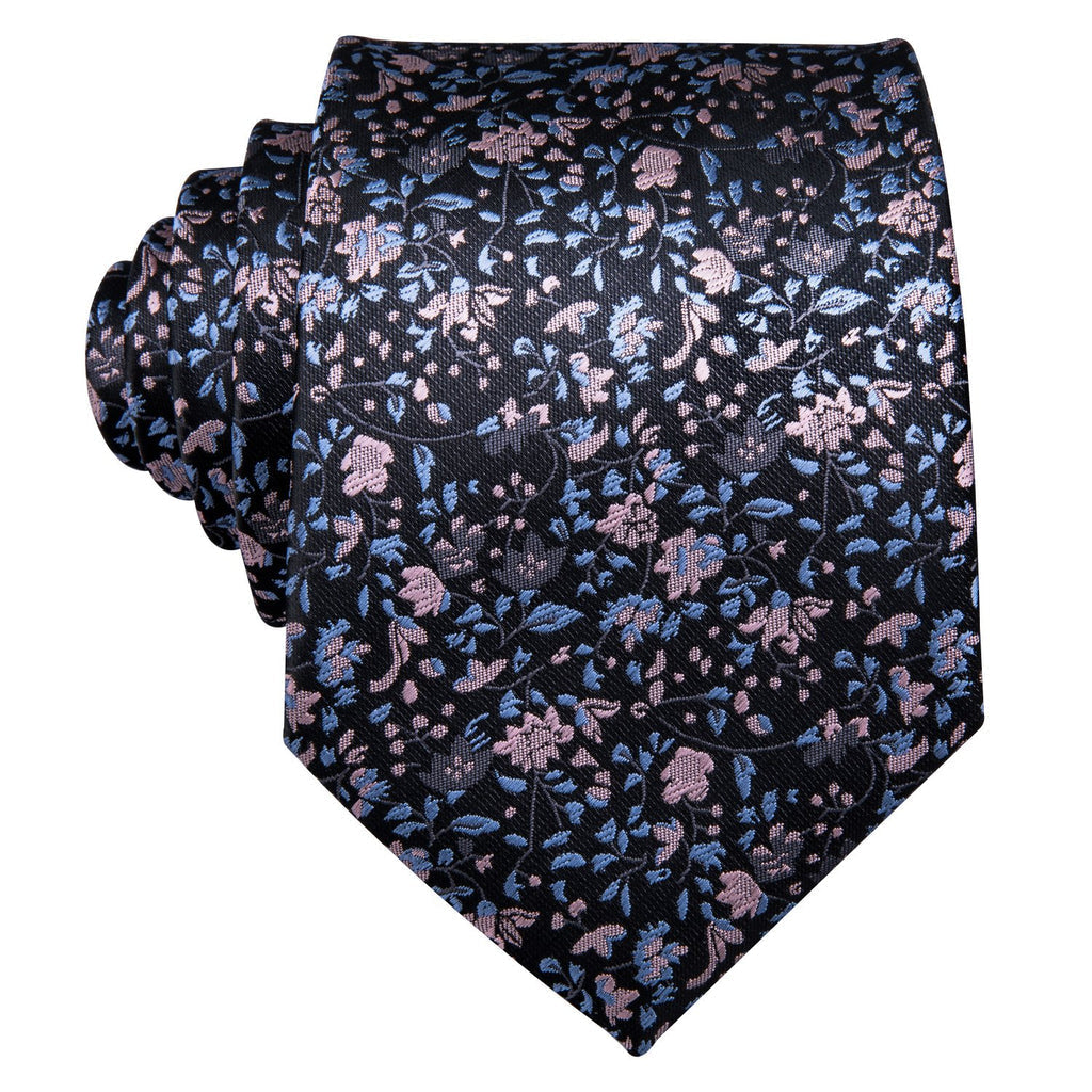 Black Pink Floral Silk Tie Set - GentCrest - View 5