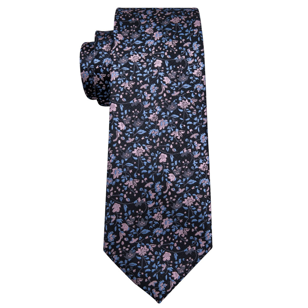Black Pink Floral Silk Tie Set - GentCrest - View 4