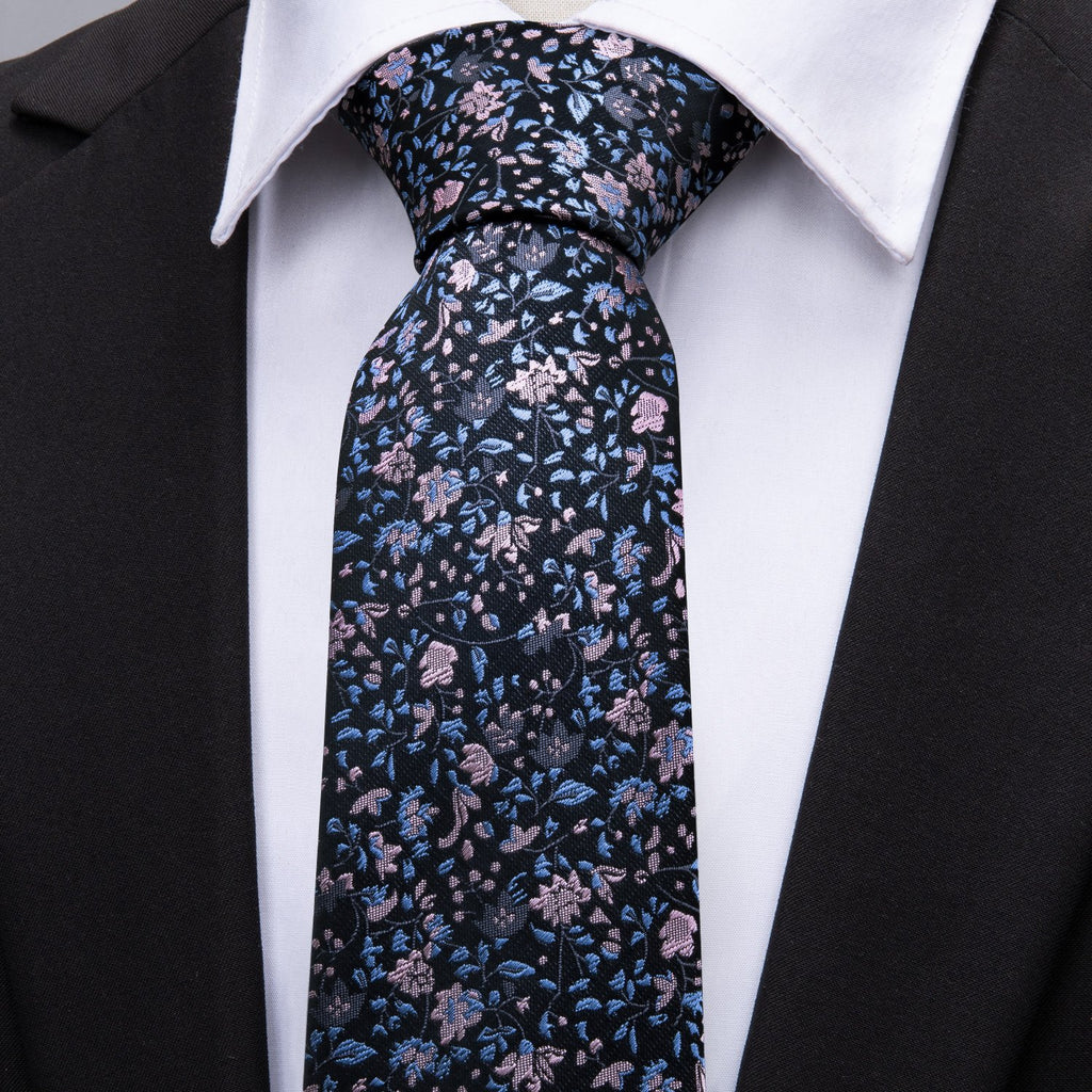 Black Pink Floral Silk Tie Set - GentCrest - View 2