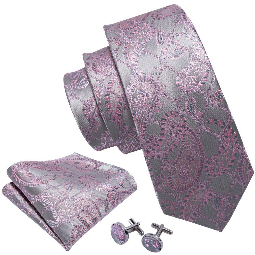 Silver Pink Paisley Silk Tie Set - GentCrest - View 3