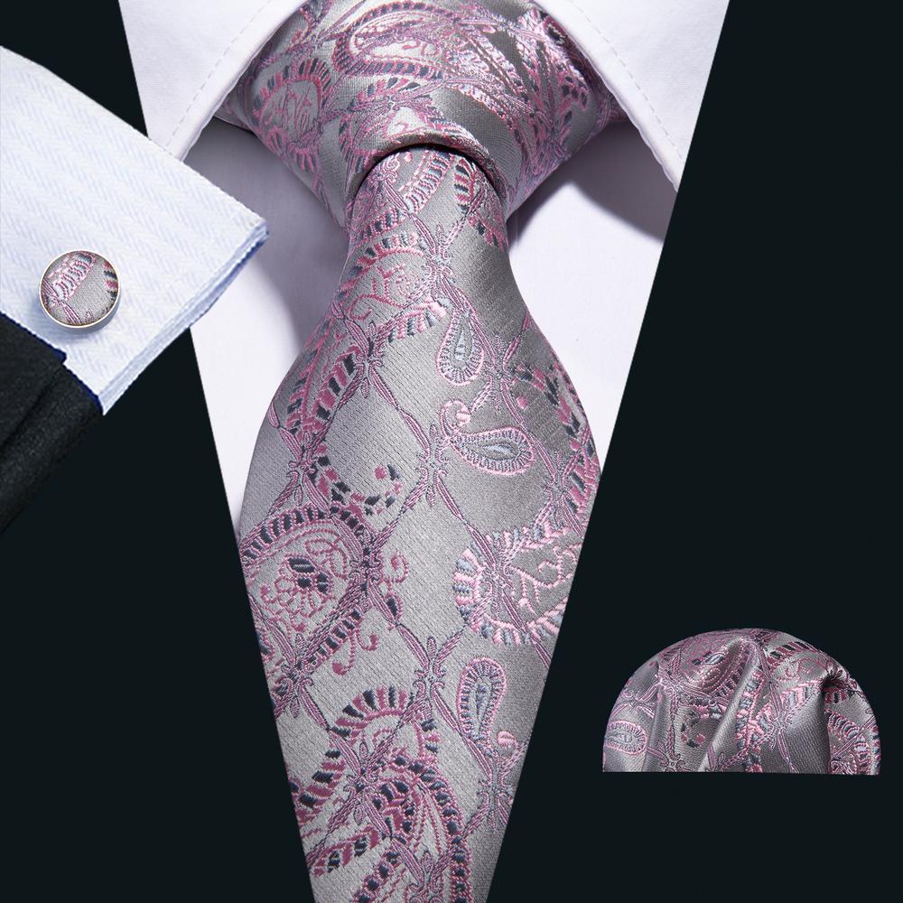 Silver Pink Paisley Silk Tie Set - GentCrest