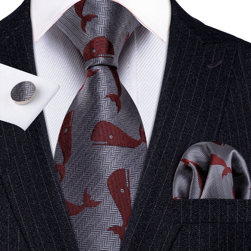 Gray Red Whale Novelty Silk Tie Set - GentCrest - View 3