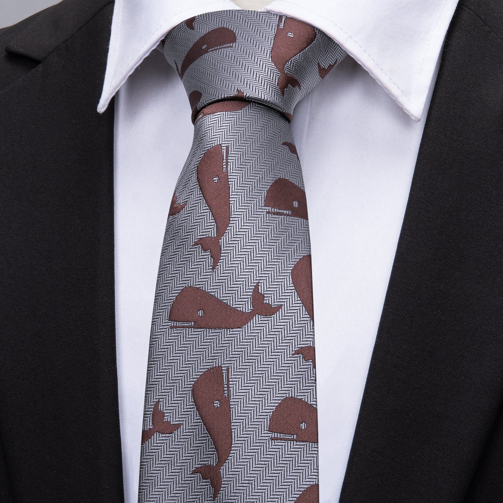 Gray Red Whale Novelty Silk Tie Set - GentCrest - View 2