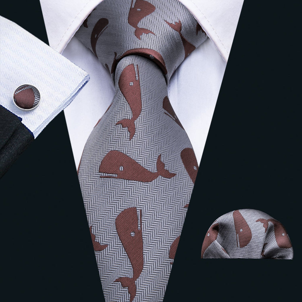 Gray Red Whale Novelty Silk Tie Set - GentCrest