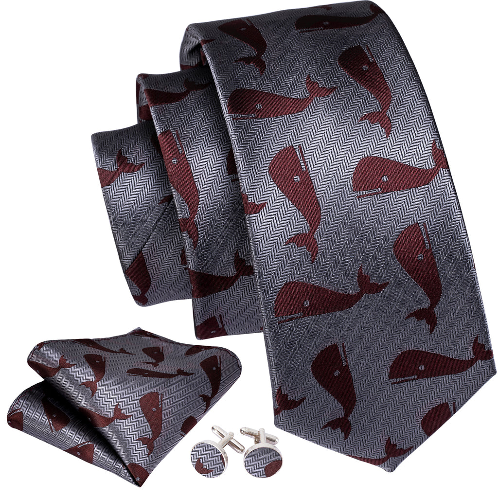 Gray Red Whale Novelty Silk Tie Set - GentCrest - View 4