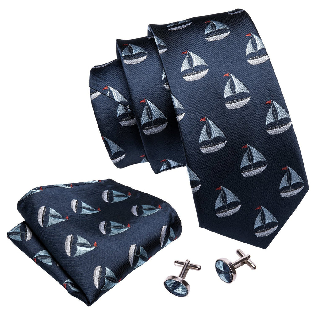 Deep Blue Sailboat Novelty Silk Tie Set - GentCrest - View 3