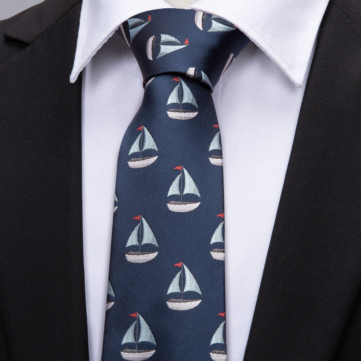 Deep Blue Sailboat Novelty Silk Tie Set - GentCrest - View 2