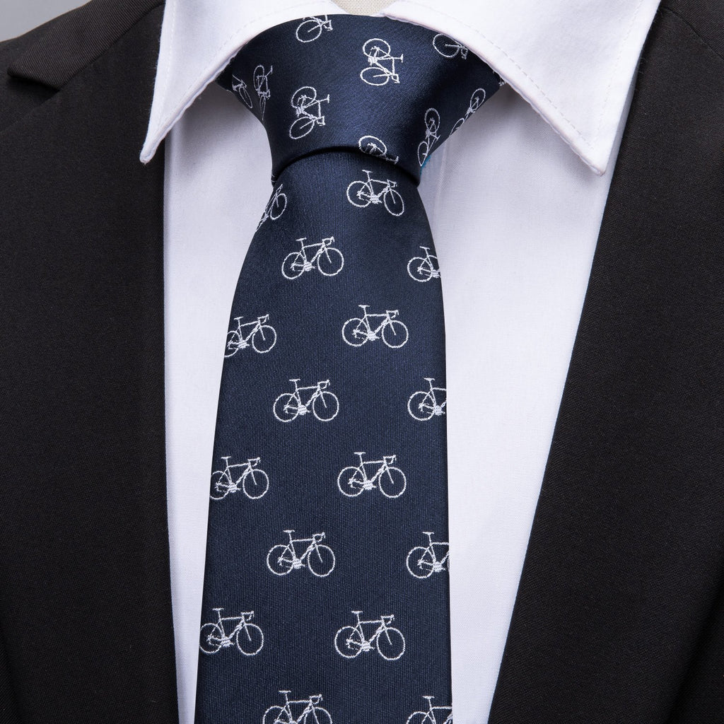 Deep Blue Bike Pattern Novelty Silk Tie Set - GentCrest - View 2