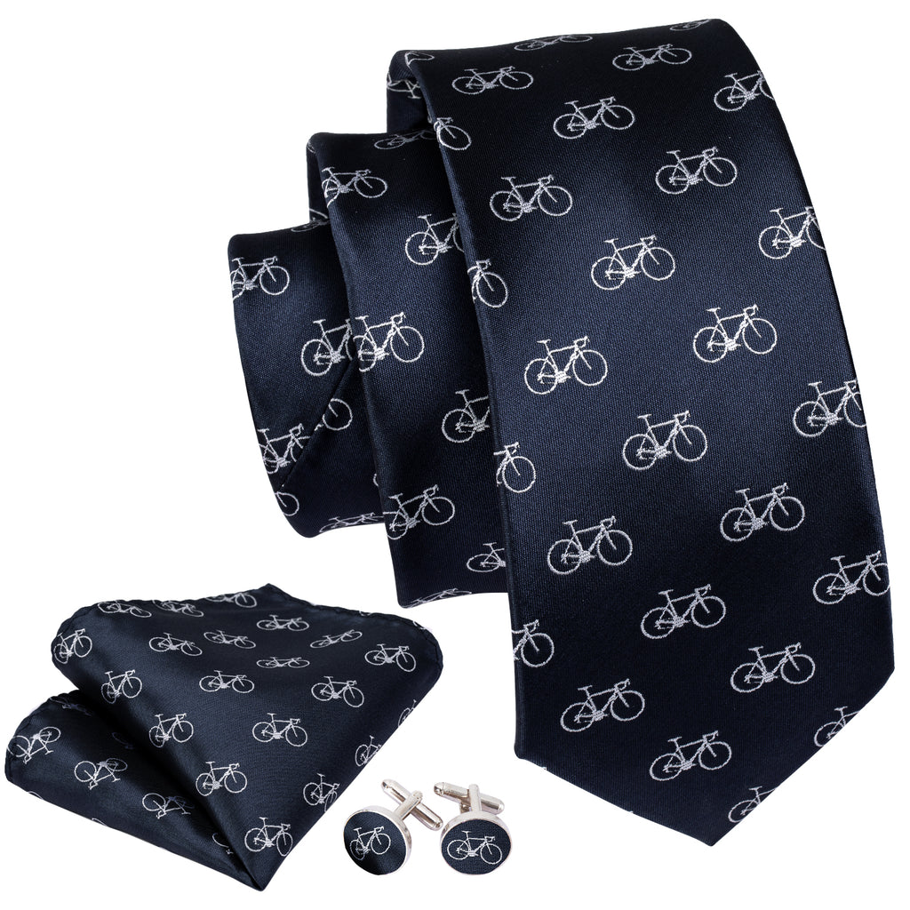 Deep Blue Bike Pattern Novelty Silk Tie Set - GentCrest - View 3