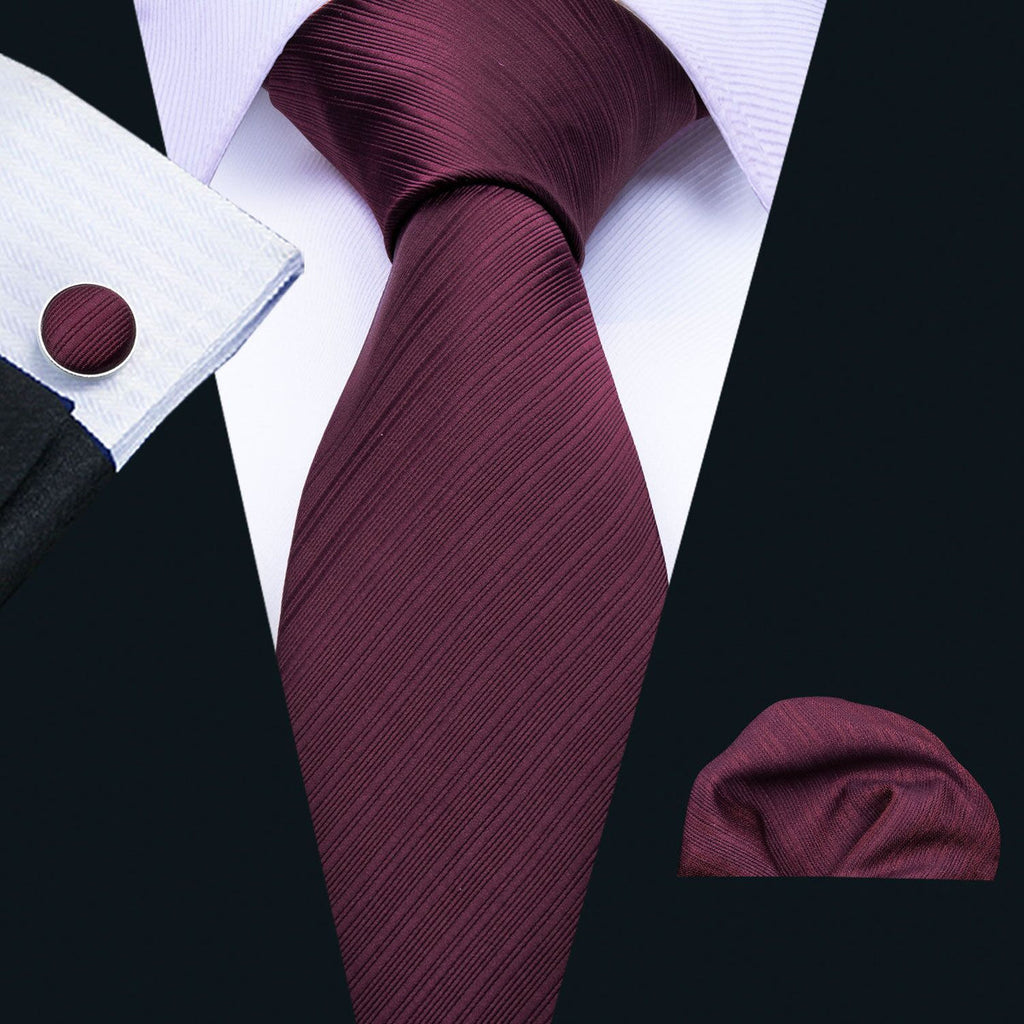 Dark Red Narrow Striped Silk Tie Set - GentCrest